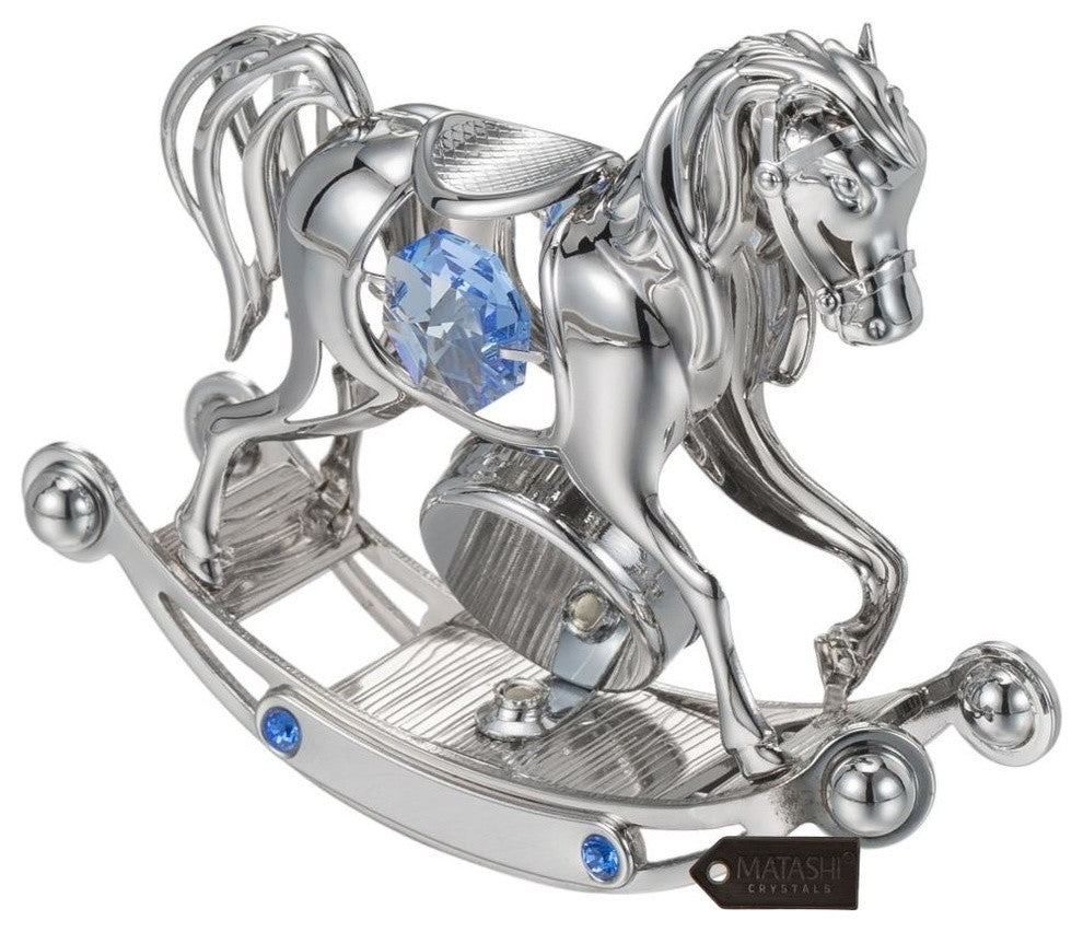 Chrome Plated Crystal Studded Silver Rocking Horse Desk Clock Ornament