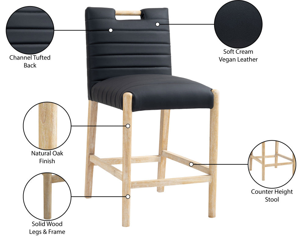 Aimee Upholstered Counter Stool, Black, Vegan Leather, Natural Oak Finish