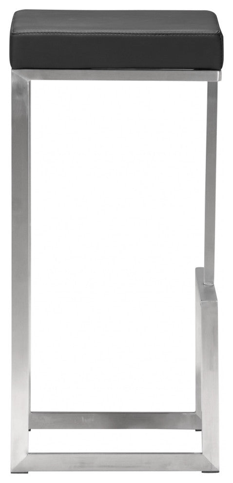 Set of Two Black Faux Leather and Stainless Geometric Backless Barstools