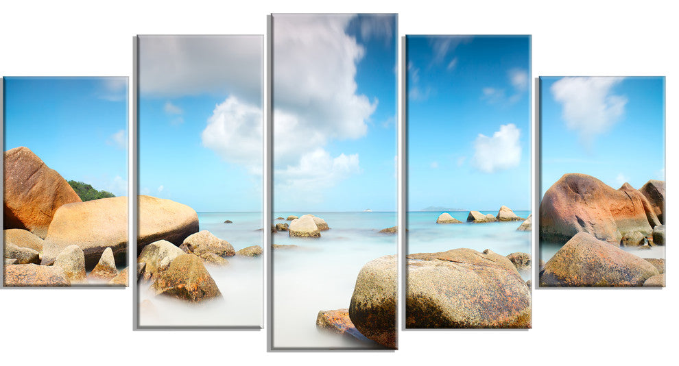 "Rocky Blue Seashore Panorama" Wall Art Landscape, 5 Panels, 60"x32"