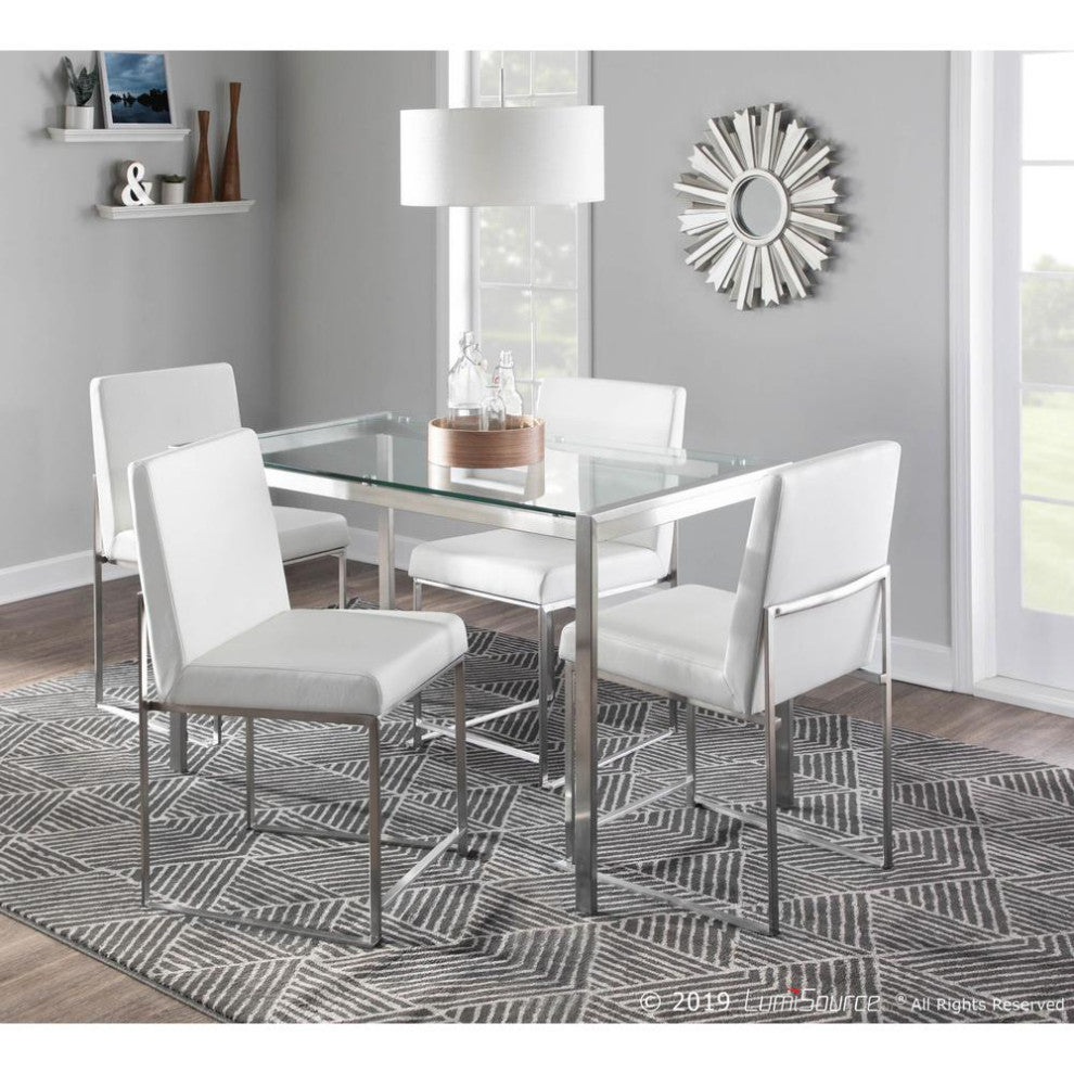 Brushed Stainless Steel, White PU High Back Fuji Dining Chair - Set of 2