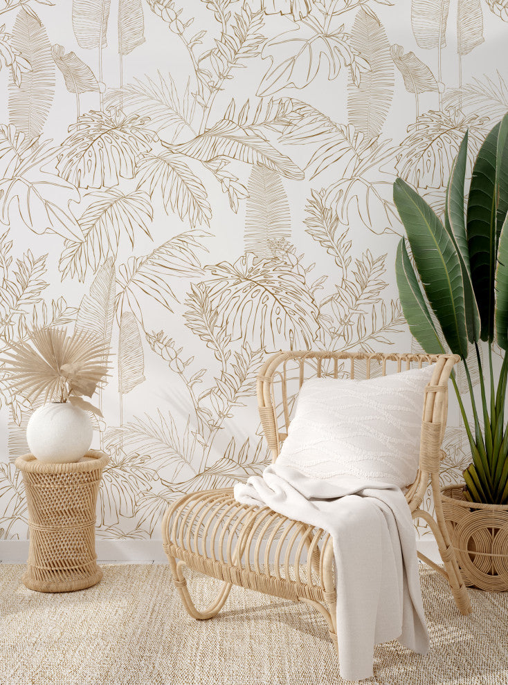 Hand Drawn Jungle Leaves Vinyl Peel and Stick Mural, Gold, 24"x96", Single