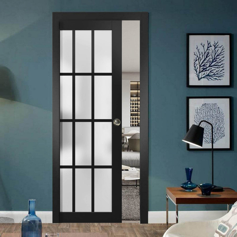 Sliding Pocket Door 24 x 96, Felicia 3312 Matte Black Frosted Glass, Rail