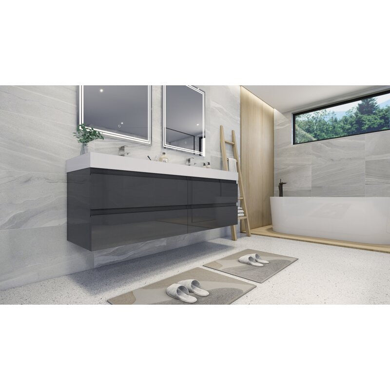 72" Double Sink Wall Mount Vanity, Reinforced Acrylic Sink, High Gloss Gray
