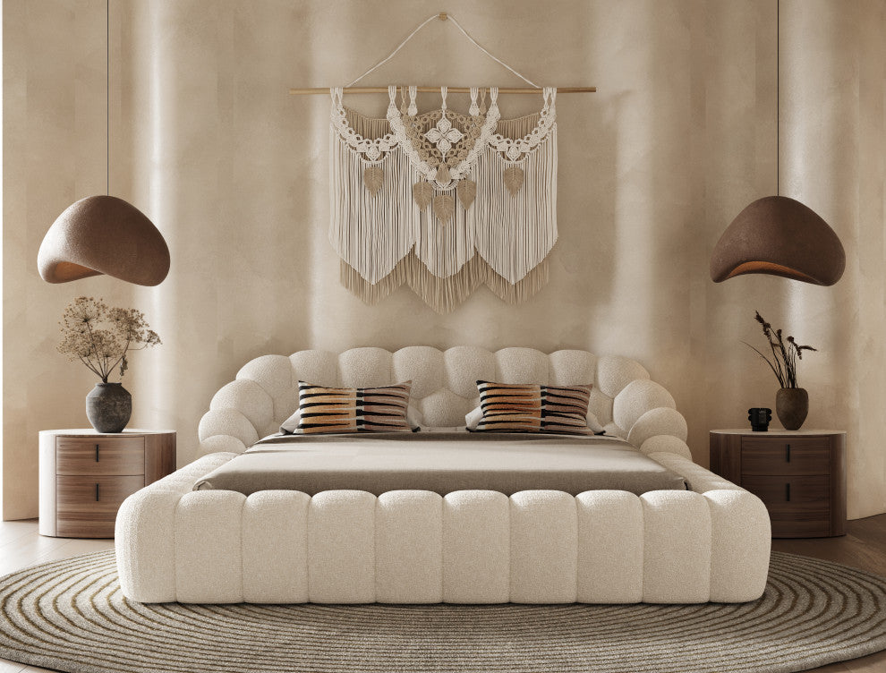 Yolonda Modern Off-White Fabric Bed, Queen
