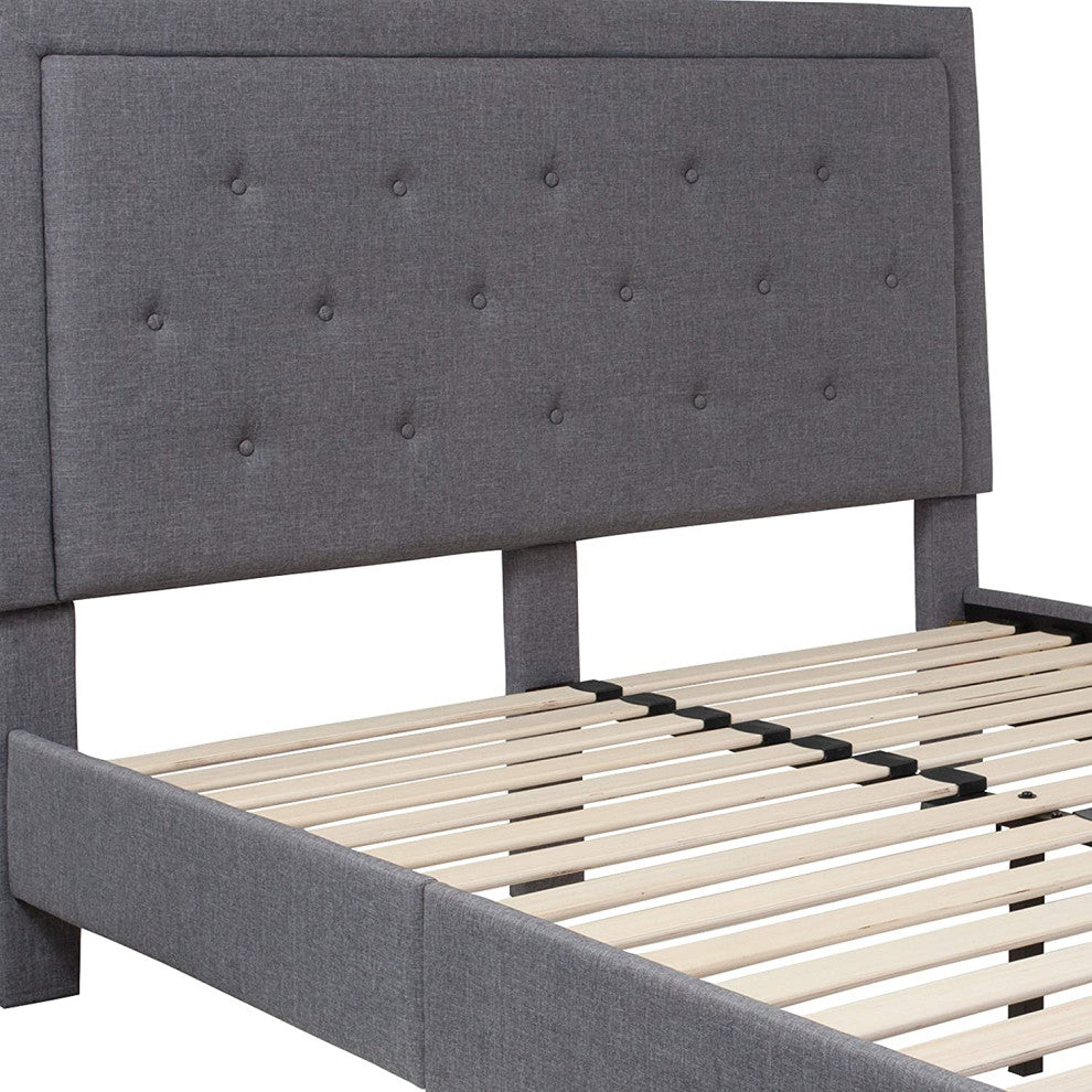 Contemporary Queen Platform Bed, Plywood Frame & Tufted Headboard, Light Grey