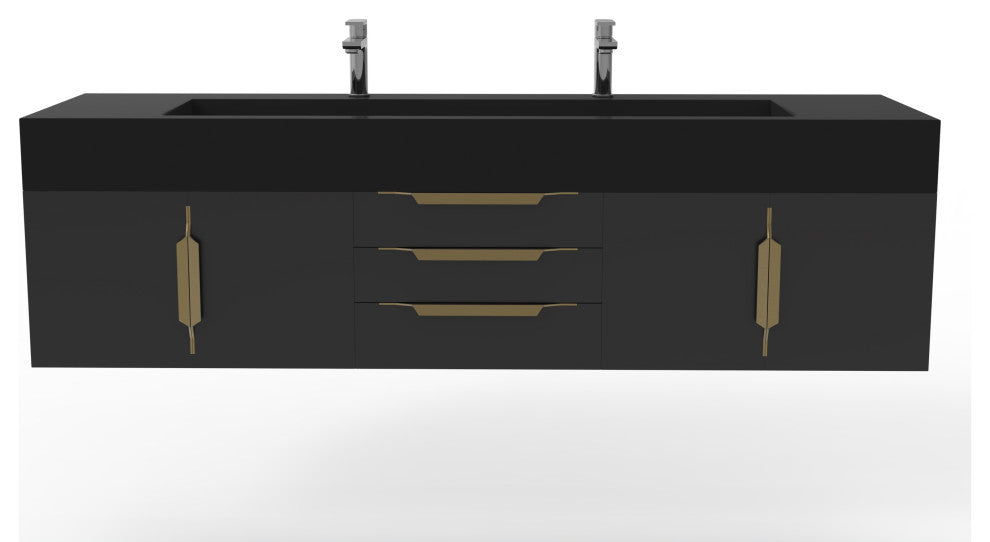CastelloUSA Nile 72" Wall Mounted Bathroom Vanity Set, Black, Black Top, Gold Handles