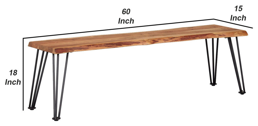 Benzara BM242107 Wooden Dining Bench With Live Edge Details & Metal Legs, Brown