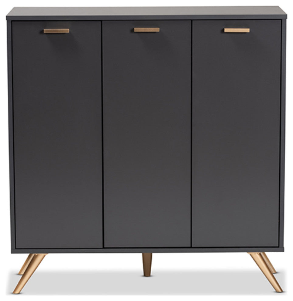 Kelson Dark Gray and Gold Finished Wood 3-Door Shoe Cabinet