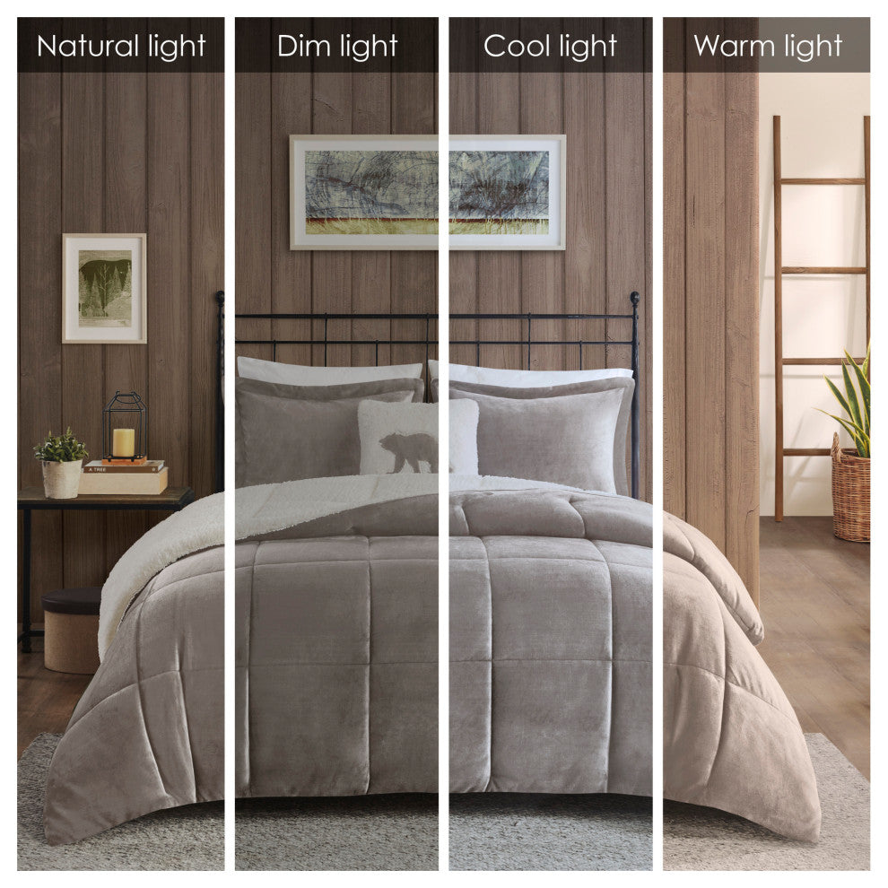 Woolrich Alton Plush to Sherpa Winter Comforter Set, Light Gray, King