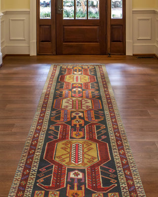 Fine Vintage Distressed Marva Navy/Burgundy Runner, 3'5x10'5