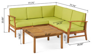 Outdoor 5-Seat V Shaped Acacia Sectional With Table, Green