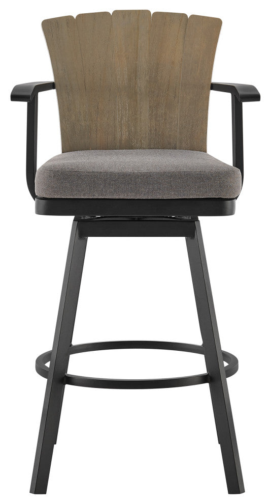Hazel Outdoor Patio Swivel Bar Stool, Aluminum Teak Wood/Charcoal Cushion