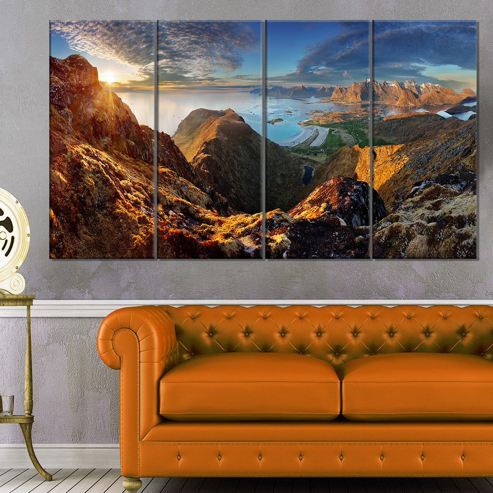 Ocean and Mountains Panorama, Large Landscape Canvas Art, 48"x28", 4 Panels