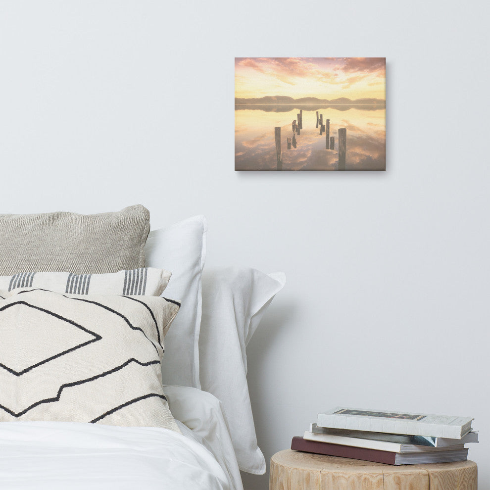 Sunset Pillars and Reflections on Lake Landscape Photo Canvas Wall Art Prints, 12" X 16"