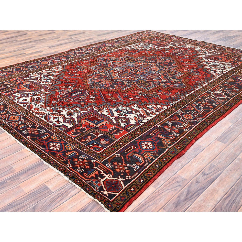 Imperial Red Semi Antique Persian Heriz Worn Wool Hand Knotted Rug 8'1"x11'1"