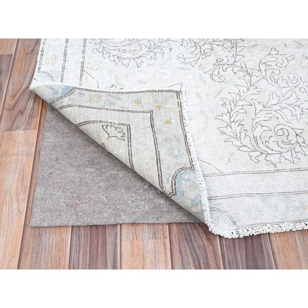 White, Natural Wool, Hand Knotted, Vintage Persian Kerman, Rug, 7'2"x9'10"