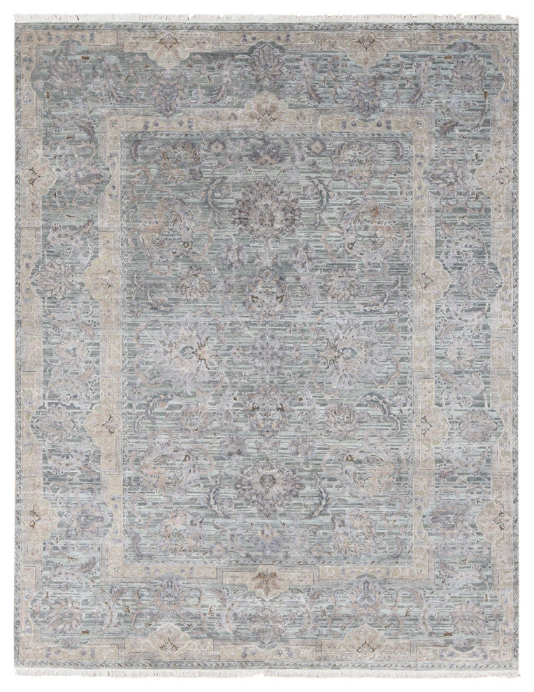 Laurel Green, Mughal Design, Pure Silk Hand Knotted, Oriental Rug, 7'10"x10'2"