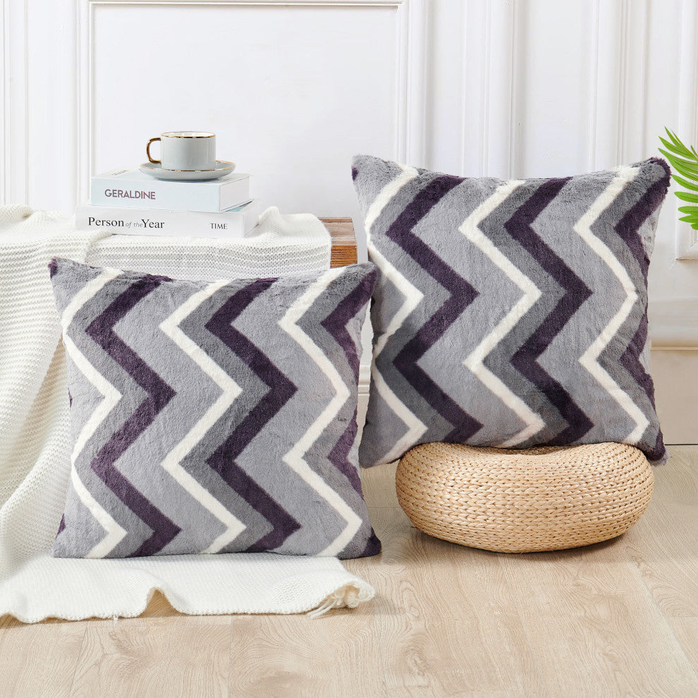 Chevron Faux Fur Pillow Shells, Set of 2, Gray Purple, 20"x20"