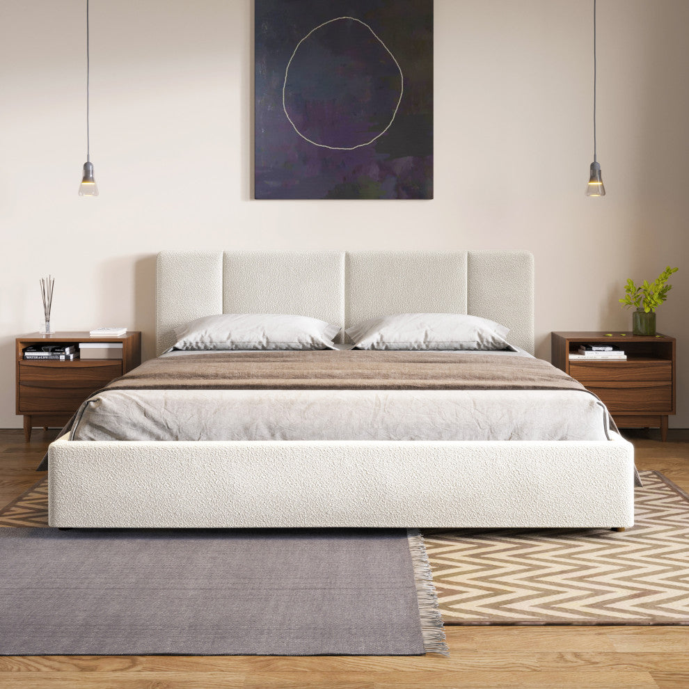 Omax Decor Venice Modern Fabric Upholstered Platform Bed, Cream Beige Boucle, King