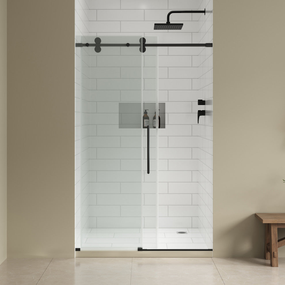 Reva Frameless Sliding Clear Alcove Shower Door, Black, 48"