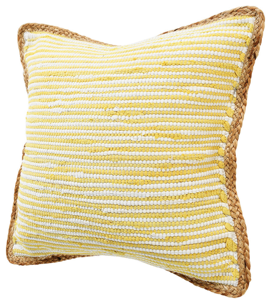 Golden Yellow and White Striped Jute Bordered Throw Pillow