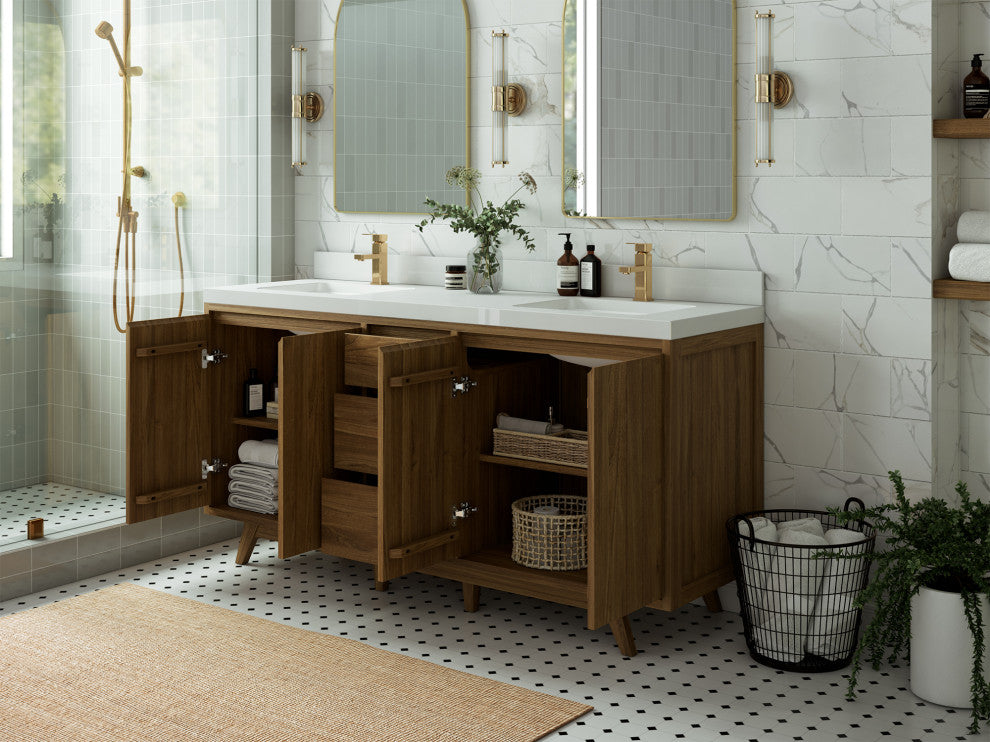 Madison Teak 72 Double Sink Bath Vanity in Dark Natural 2" White Quartz