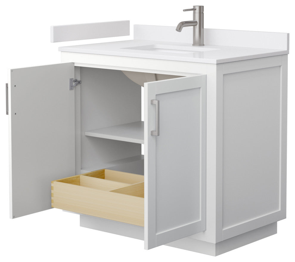 36" Single Bath Vanity White, White Cult. Marble Countertop, Sink, Nickel Trim
