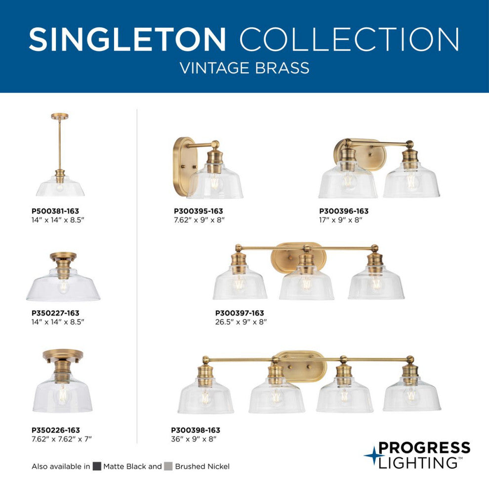 Singleton 2-Light 17" Vintage Brass Farmhouse Vanity Light, Clear Glass Shades