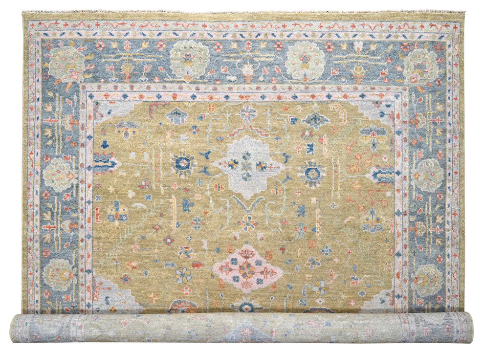 Moss Green Hand Knotted Oushak Supple Organic Wool Oversized Rug 11'11"x14'10"