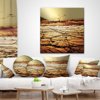 Lonely Tree in Drought Land African Landscape Printed Throw Pillow, 18"x18"