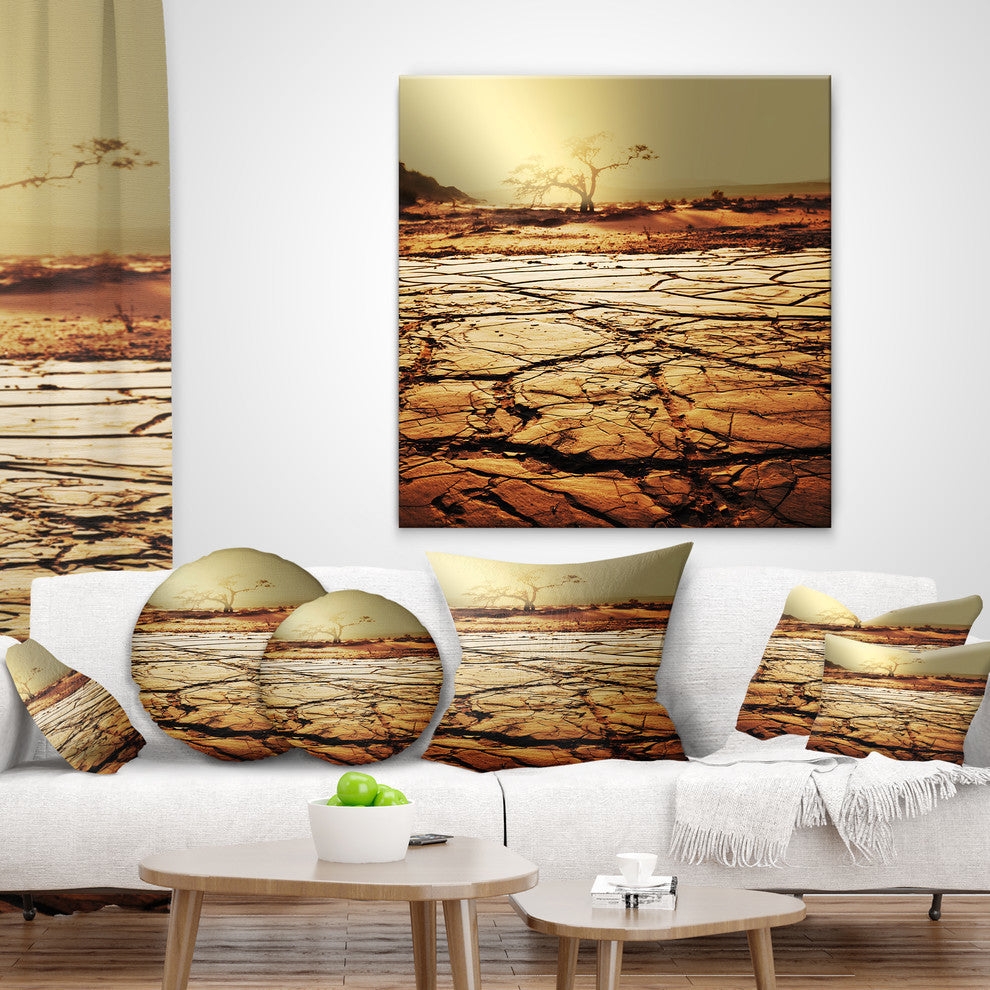 Lonely Tree in Drought Land African Landscape Printed Throw Pillow, 18"x18"