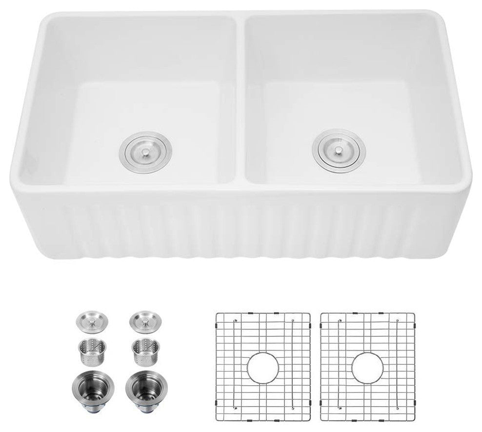33" x 18" Fireclay Single Bowl Farmhouse Apron Kitchen Sink with Accessories