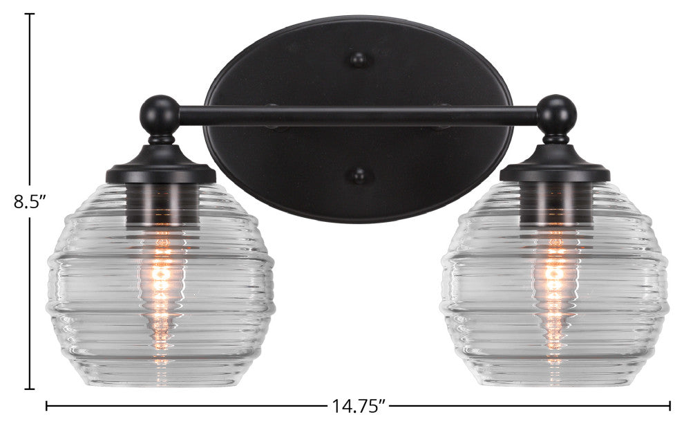 Capri 2-Light Bath Bar, Matte Black/Clear Ribbed