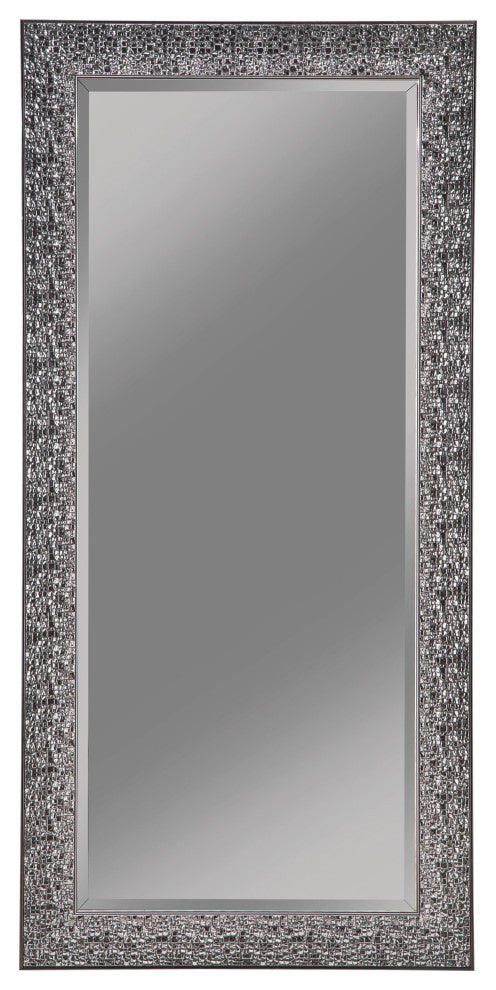 Rectangular Beveled Accent Floor Mirror with Glitter Mosaic Pattern, Gray