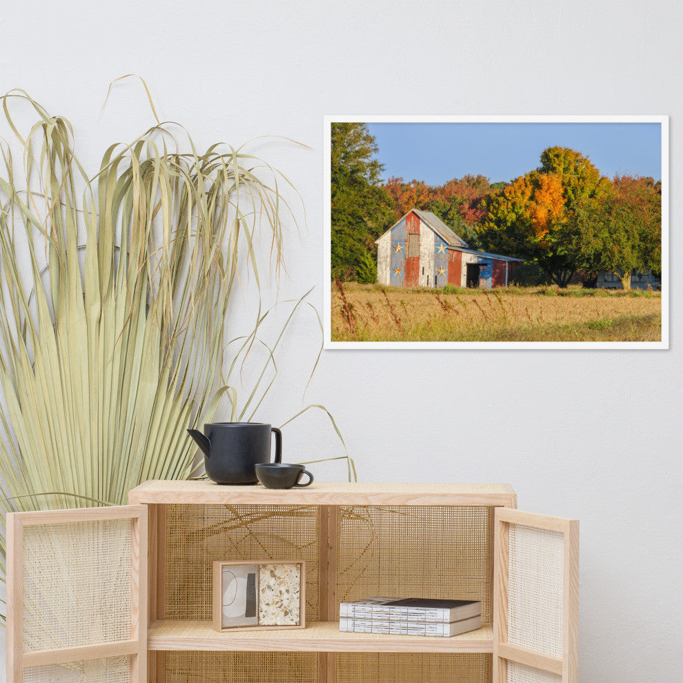 Patriotic Barn in Field Rural Landscape Framed Photo Paper Wall Art Prints, White, 24" X 36"