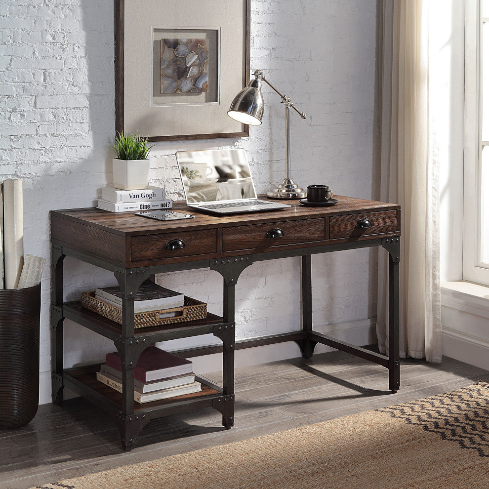 Of00143, Writing Desk, Espresso Oak Finish & Antique Black Metal, Gorden