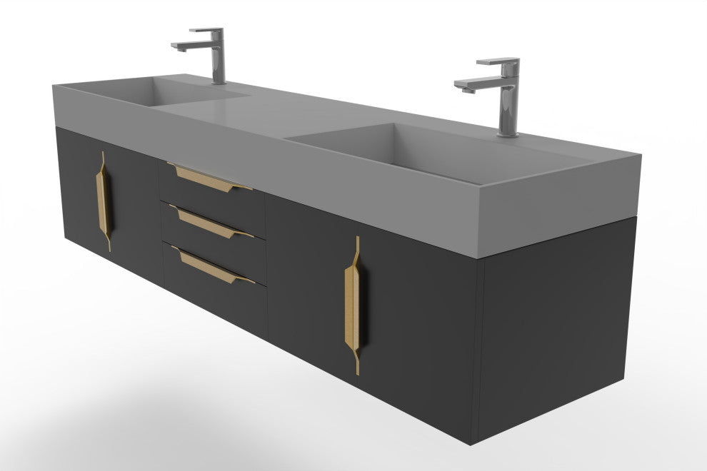 CastelloUSA Amazon 72" Wall Mounted Vanity Set, Black, Gray Top, Gold Handles