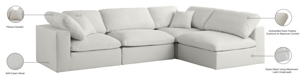 Plush Velvet / Down Standard Comfort L-Shaped Modular Sectional, Cream, 4-Piece: 2 Armless Chair, 2 Corner Chair