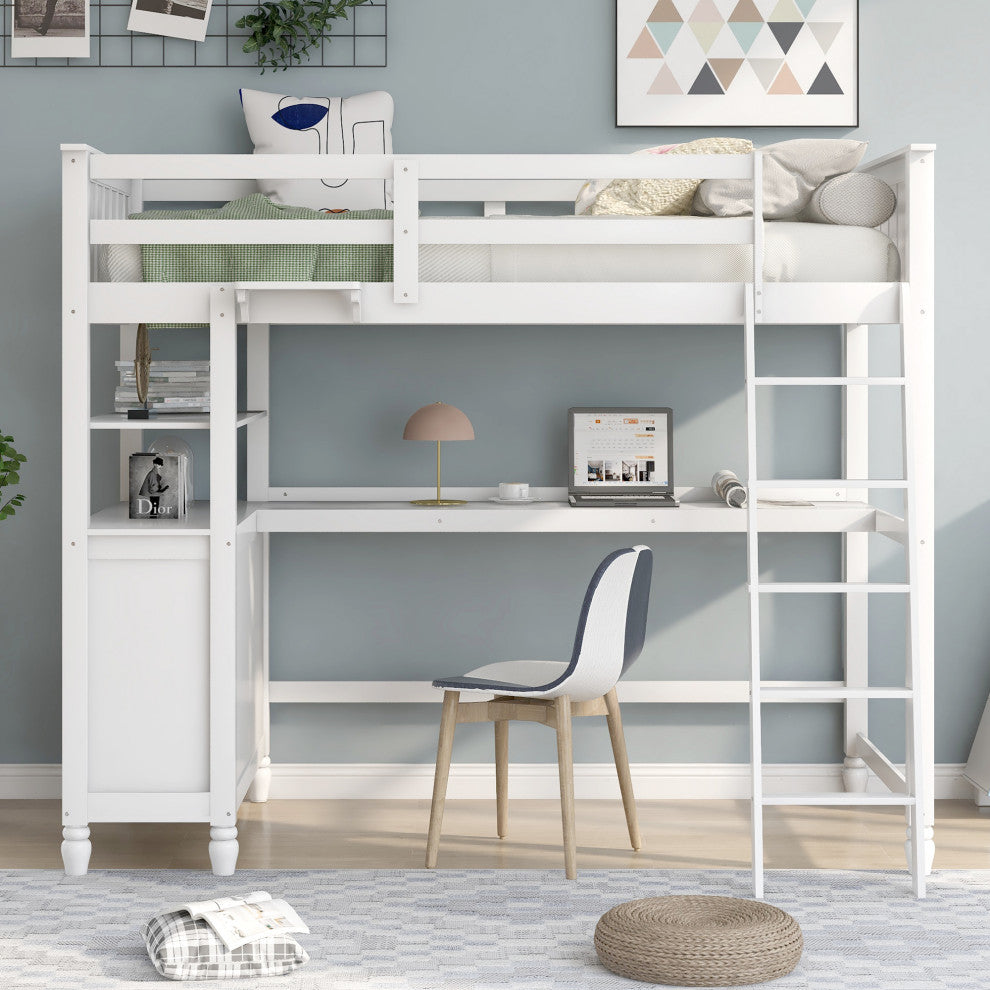 Gewnee Twin size Loft Bed with Drawers and Desk, Wooden Loft Bed in White