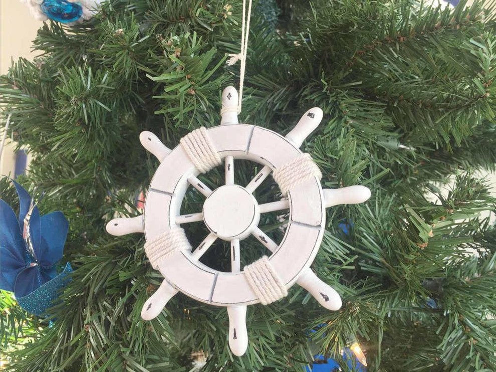Rustic White Decorative Ship Wheel Christmas Tree Ornament 6'', Christmas Tree