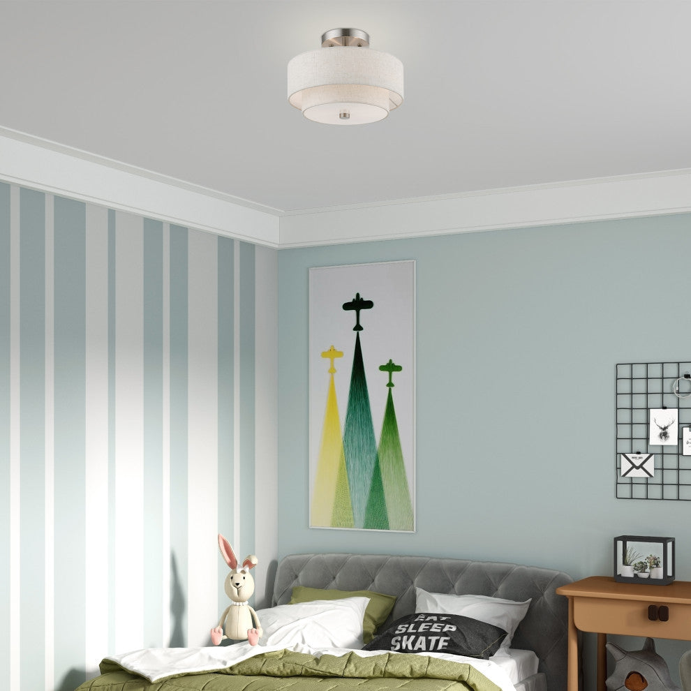 Meridian 2 Light Brushed Nickel Semi-Flush Mount With Oatmeal Shade