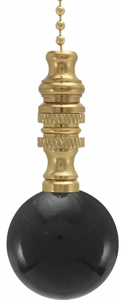 Black Ceramic Ball Ceiling Fan Pull, 2"h with 12" Polished Brass Chain