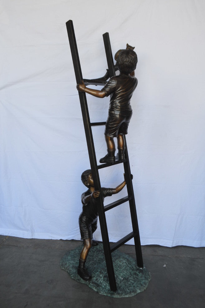 Two Kids Climb a Ladder Saving a Cat Bronze Statue -  Size: 35"L x 24"W x 81"H