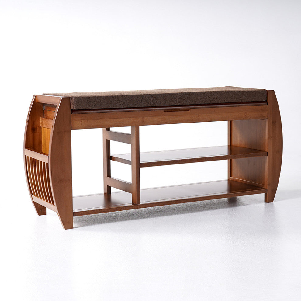 40.2" Rustic Bamboo Upholstered Entryway Flip Top Storage 3-Tier Shoe Bench Rack