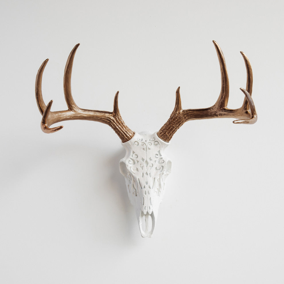 Faux Deer Skull Native American Carving Wall Decor, White and Bronze