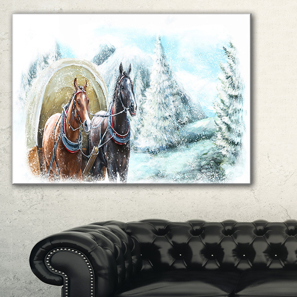 "Painted Scene With Horses in Winter" Landscape Wall Art, 32"x16"