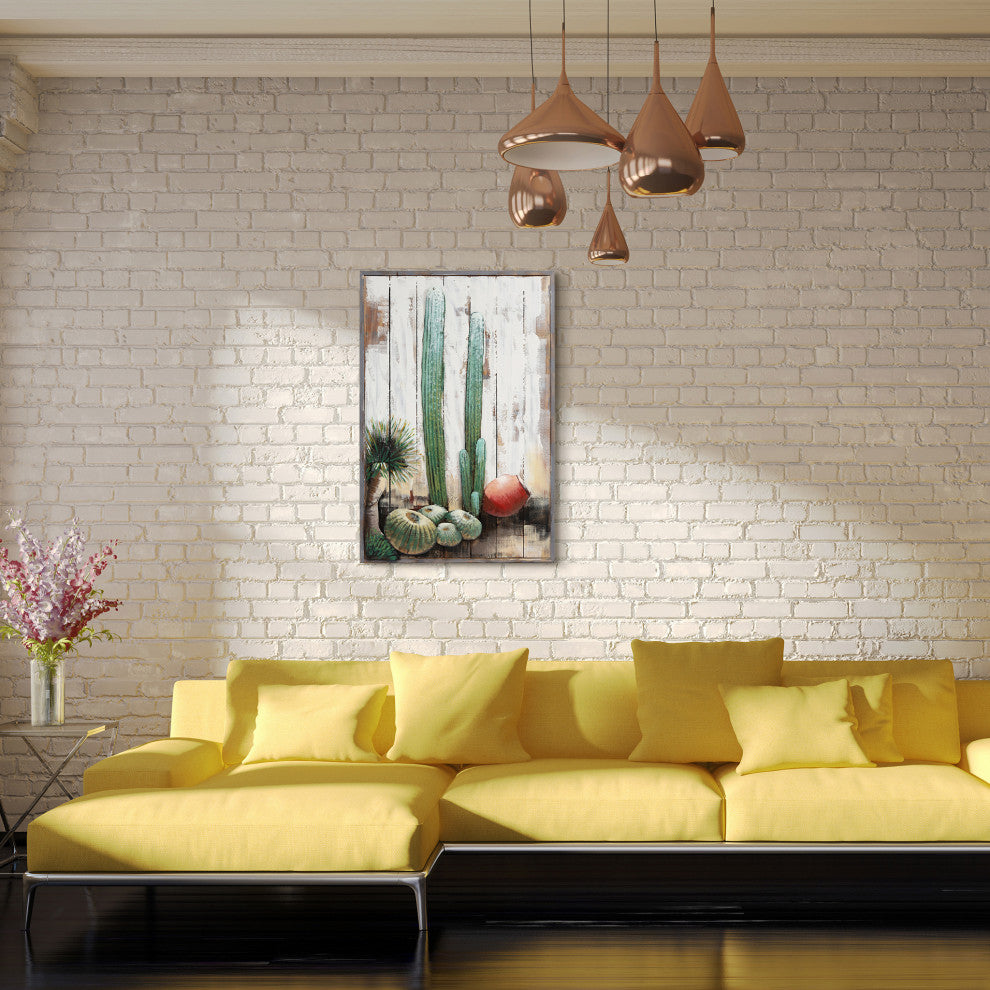 "Cacti" Metal Wall Art Hand Painted on Rugged Wooden Blocks Wall Sculpture