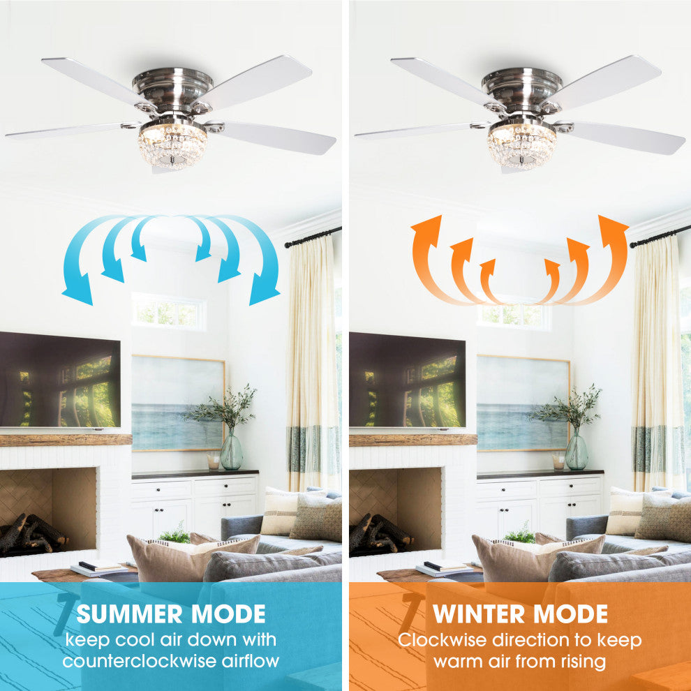 48-in Satin Nickel Crystal Flush Mount Ceiling Fan with Remote and Light Kit