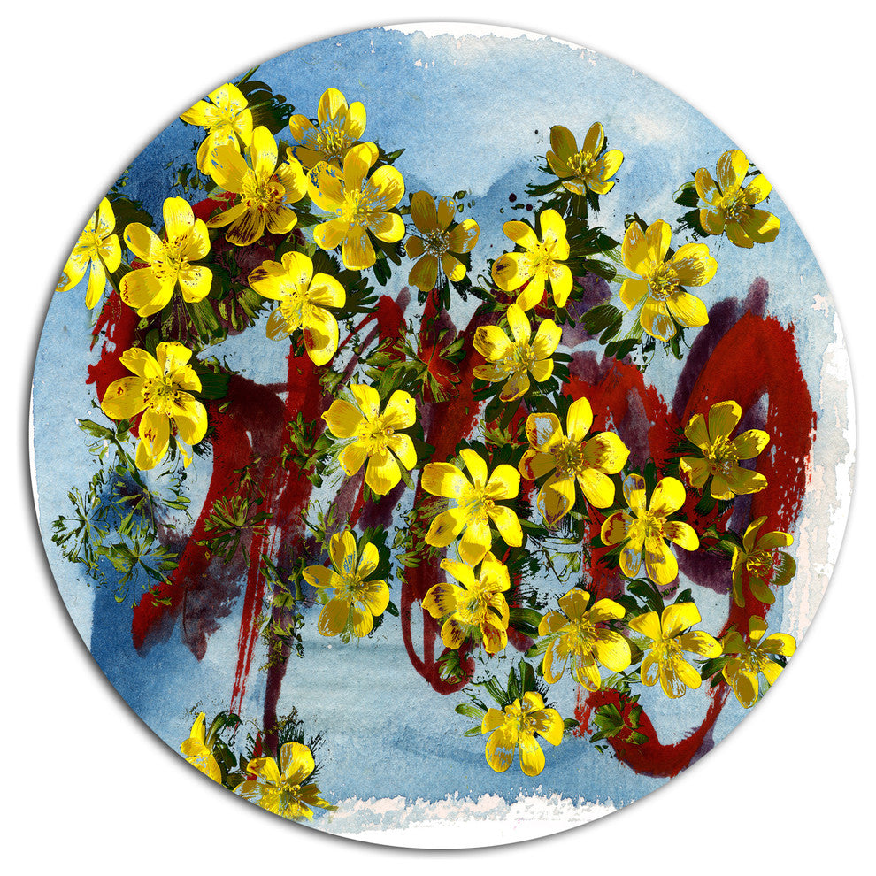Lettering And Yellow Spring Flowers, Floral Round Metal Wall Art, 38"